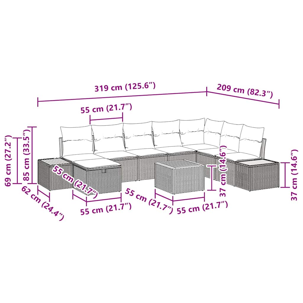 Garten-Sofa-Set mit Kissen 9 pcs Schwarz Poly Rattan